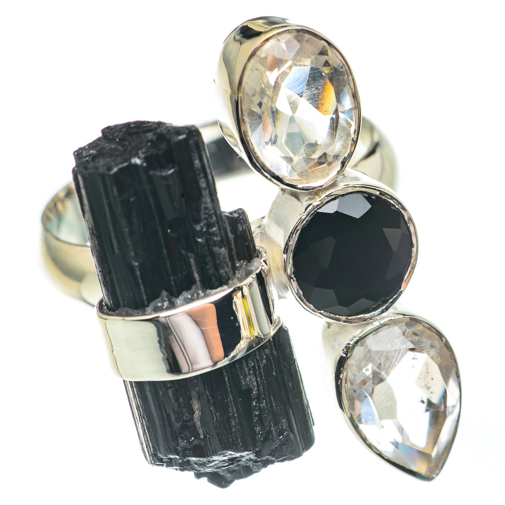Sterling silver gemstone ring with rough black tourmaline and three faceted stones