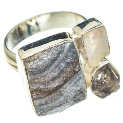 925 sterling silver ring with square gray druzy stone and iridescent moonstone panel