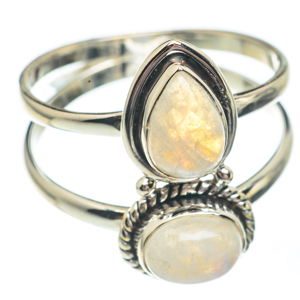 Opalescent moonstone ring in sterling silver with two oval stones and rope-style edges