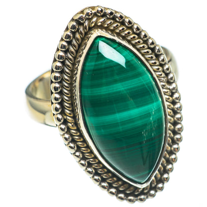 Malachite-green oval ring in sterling silver with textured beaded frame, slim band, size 7.5