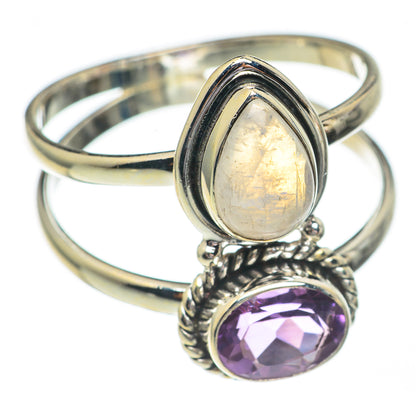 925 sterling silver ring with pear moonstone and round purple amethyst