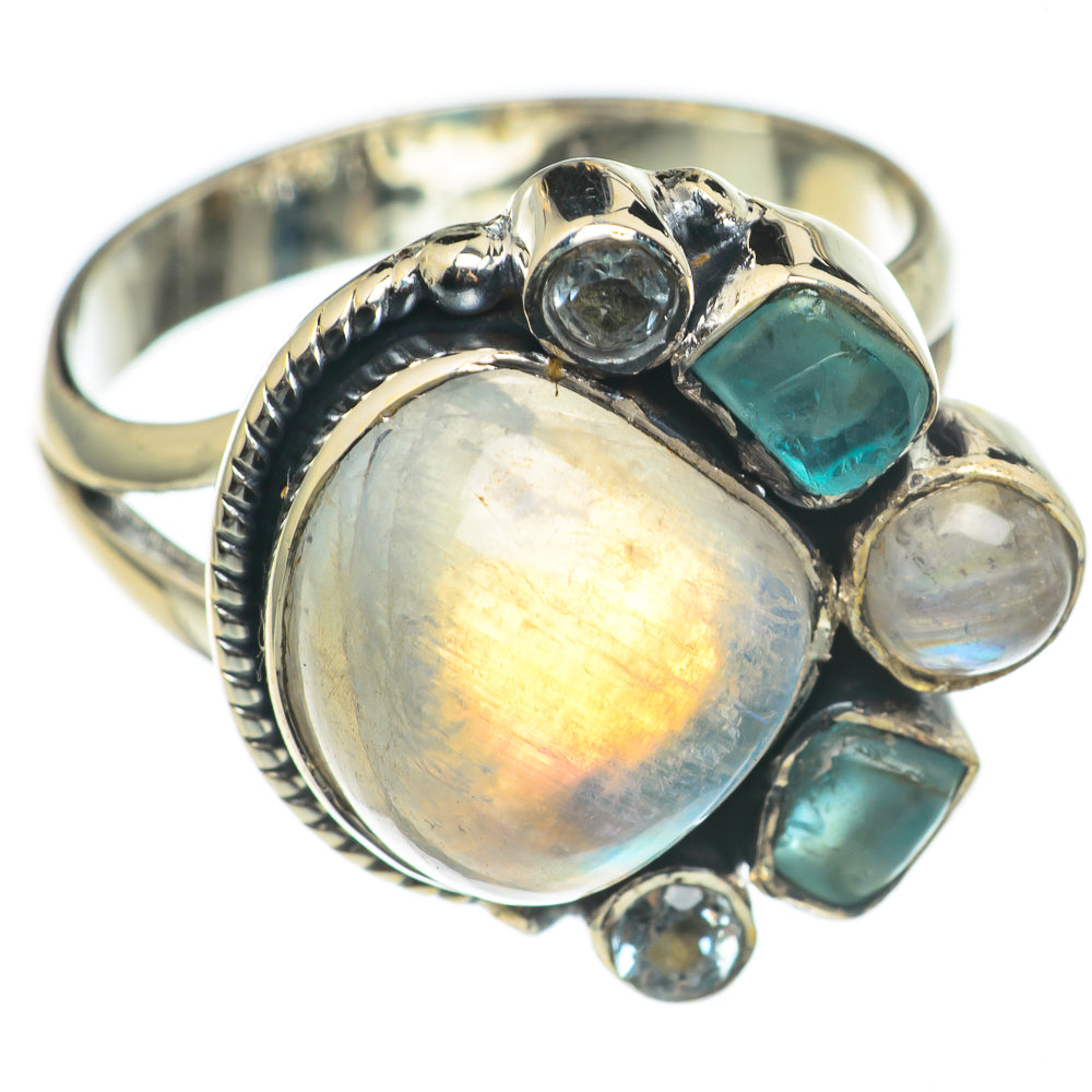 Rainbow Moonstone, Aquamarine, Blue Topaz Rings handcrafted by Ana Silver Co - RING69196