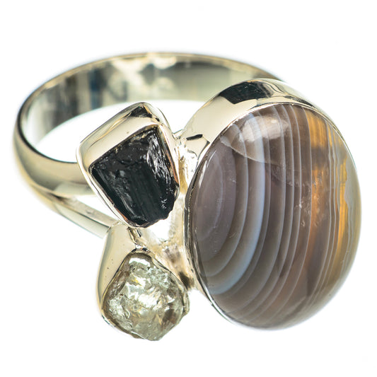Botswana Agate, Black Tourmaline, Herkimer Diamond Rings handcrafted by Ana Silver Co - RING69235