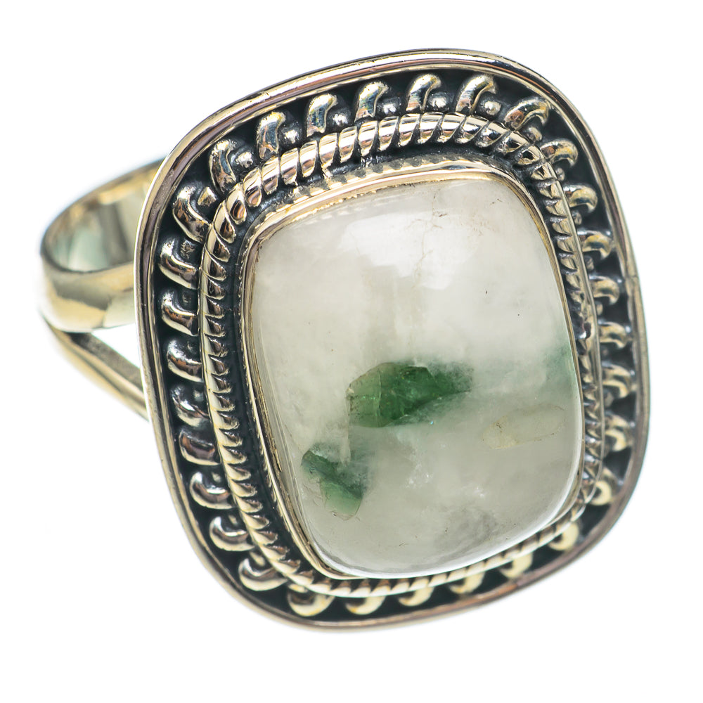 Green tourmaline in quartz oval cabochon sterling silver ring, decorative bezel