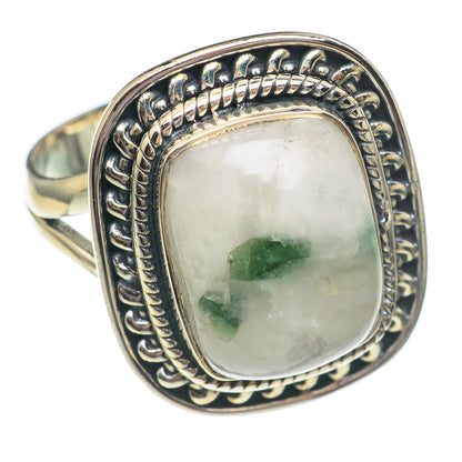 Green tourmaline in quartz oval cabochon sterling silver ring, decorative bezel