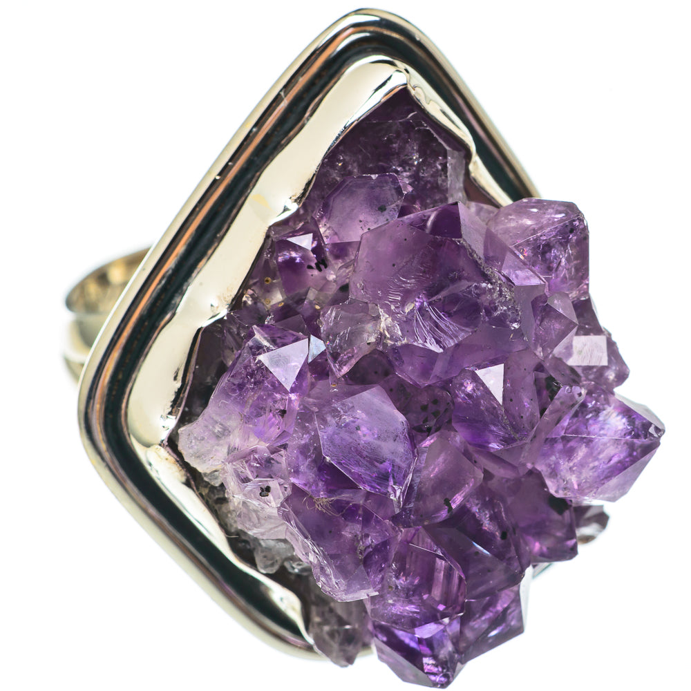 Amethyst crystal ring with large purple stone in sterling silver bezel