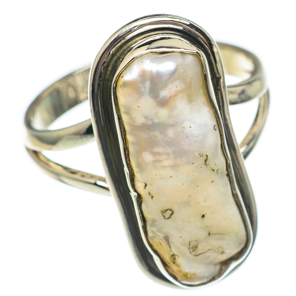 Sterling silver mother-of-pearl ring, oval cabochon with pearly glow and side band