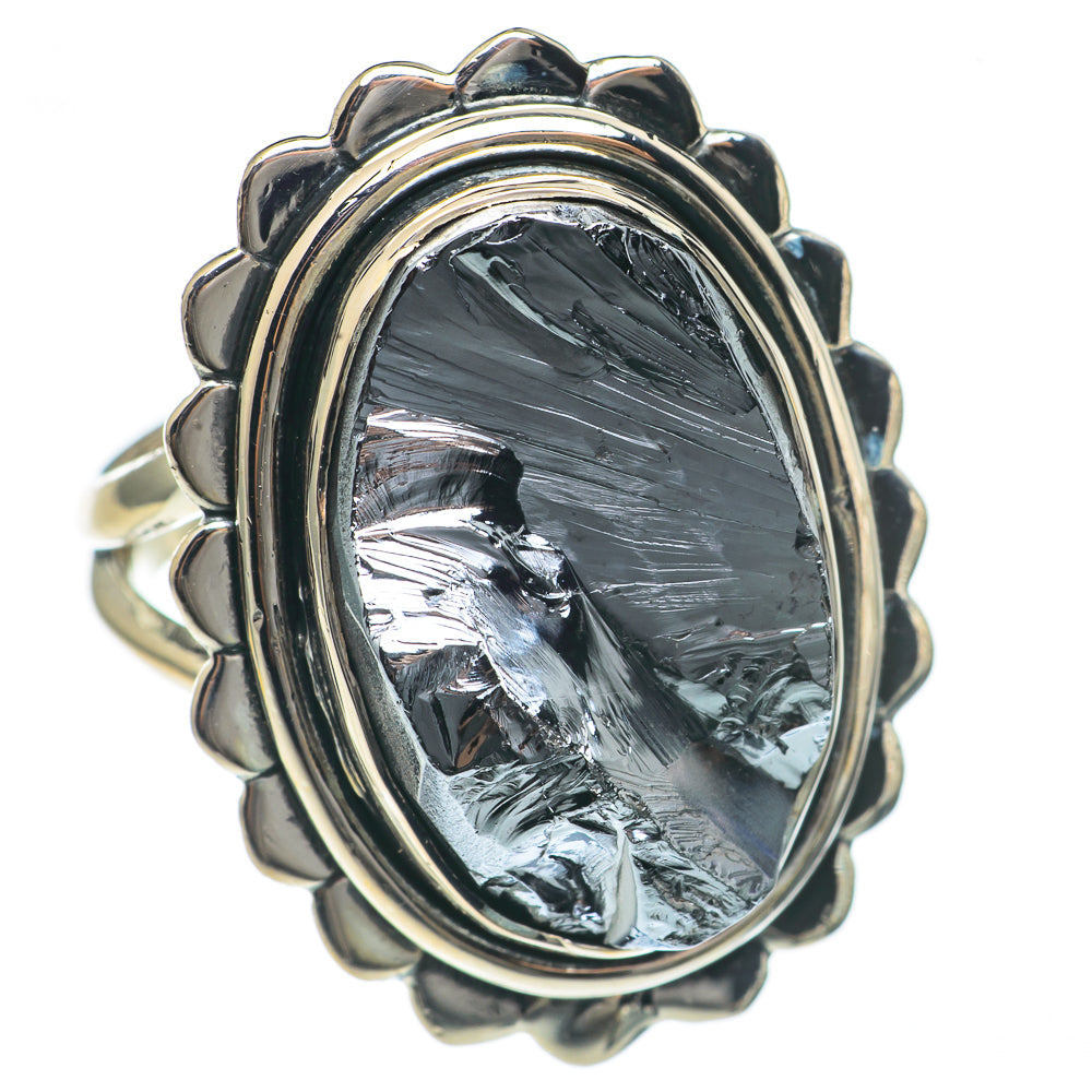 Rough shungite oval ring with raised scalloped metal setting and 925 silver band