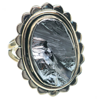 Rough shungite oval ring with raised scalloped metal setting and 925 silver band
