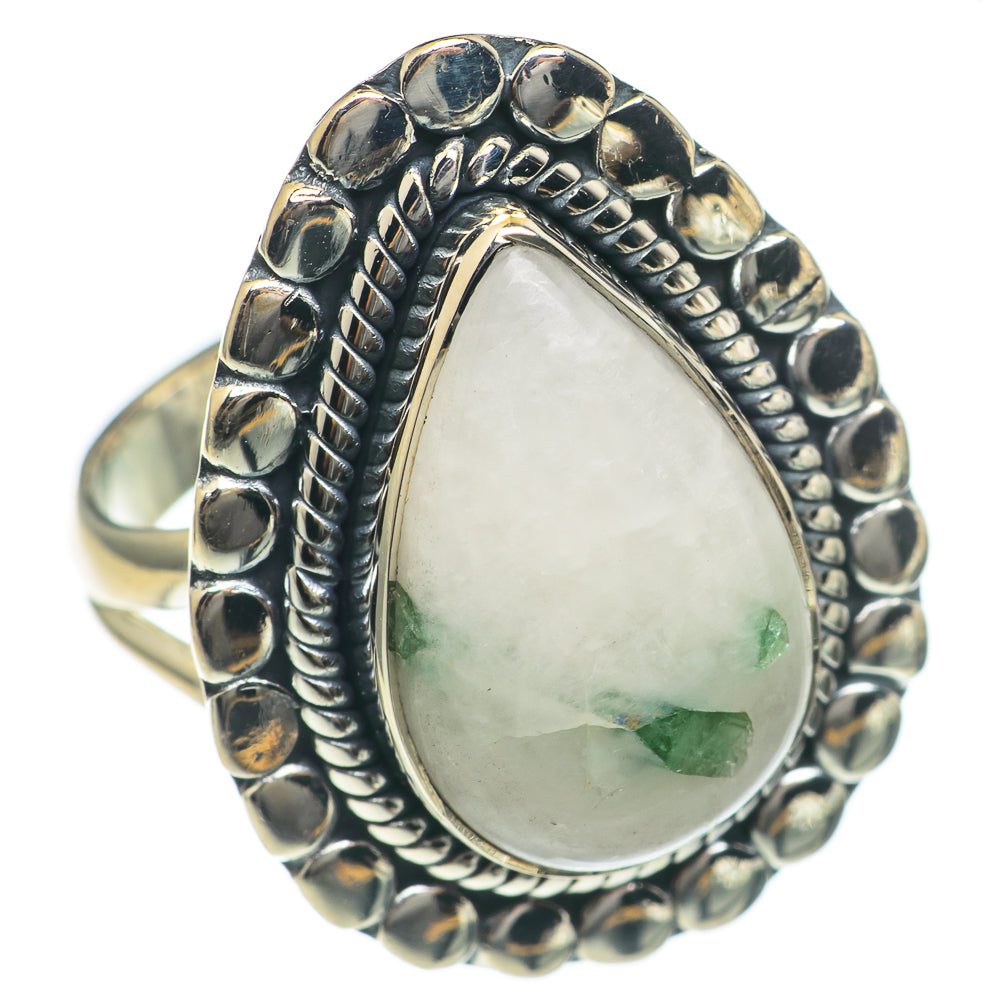Sterling silver oval ring with white quartz center and green tourmaline flecks
