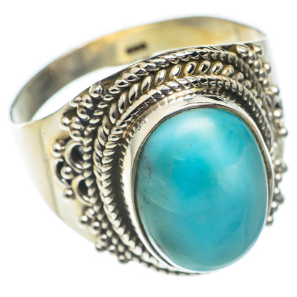 Larimar cabochon ring in 925 sterling silver with oval turquoise stone and braided design