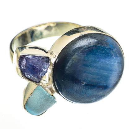 Sterling silver gemstone ring with large blue cabochon and purple, light-blue stones