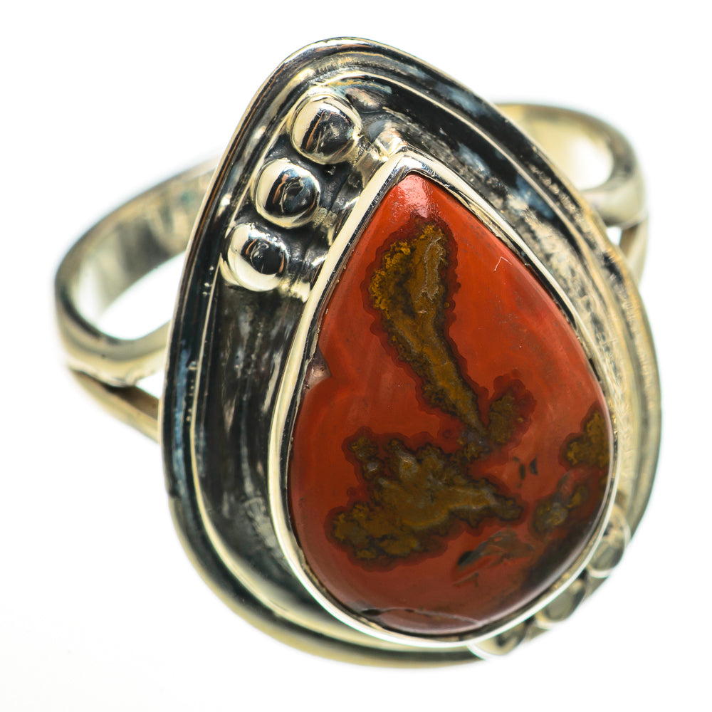 Moroccan agate ring with oval red marbled stone and textured silver band