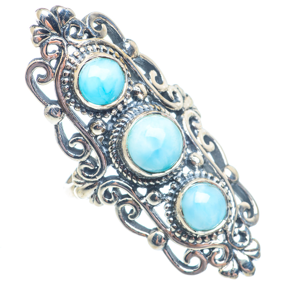 Sterling silver larimar ring with three oval blue stones and ornate filigree setting