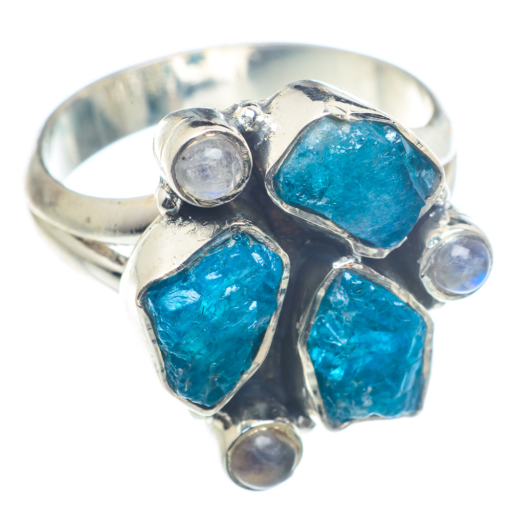 Sterling silver ring with three rough blue stones and round moonstone accents
