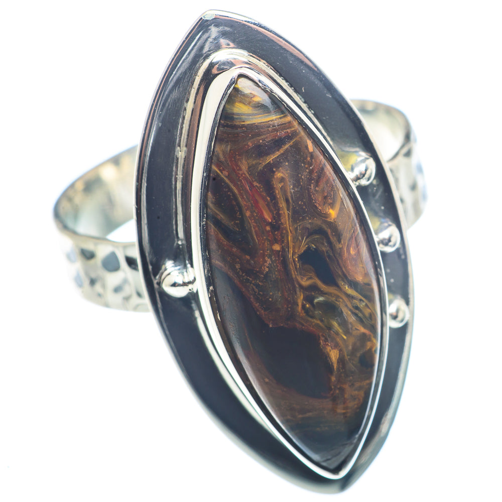 Sterling silver ring with oval pietersite cabochon in raised bezel, side prongs