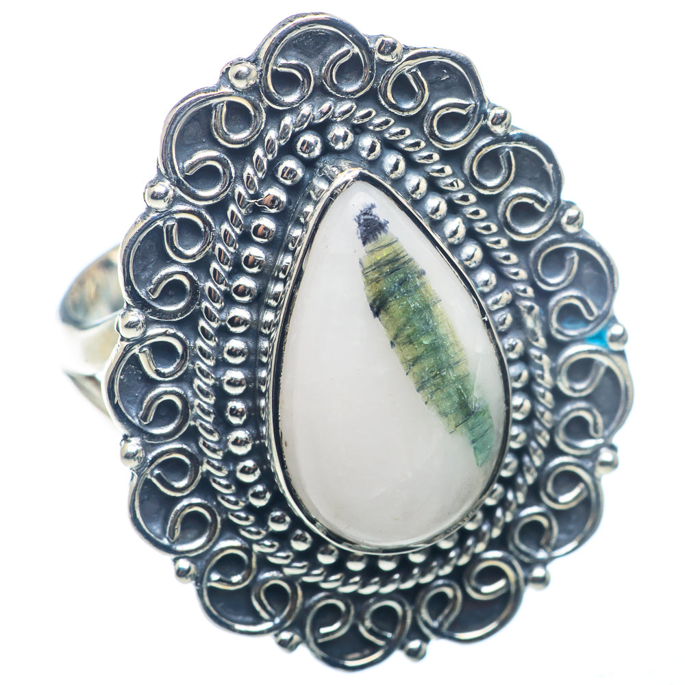 Green tourmaline in quartz ring, oval cabochon with green bands in ornate sterling silver setting