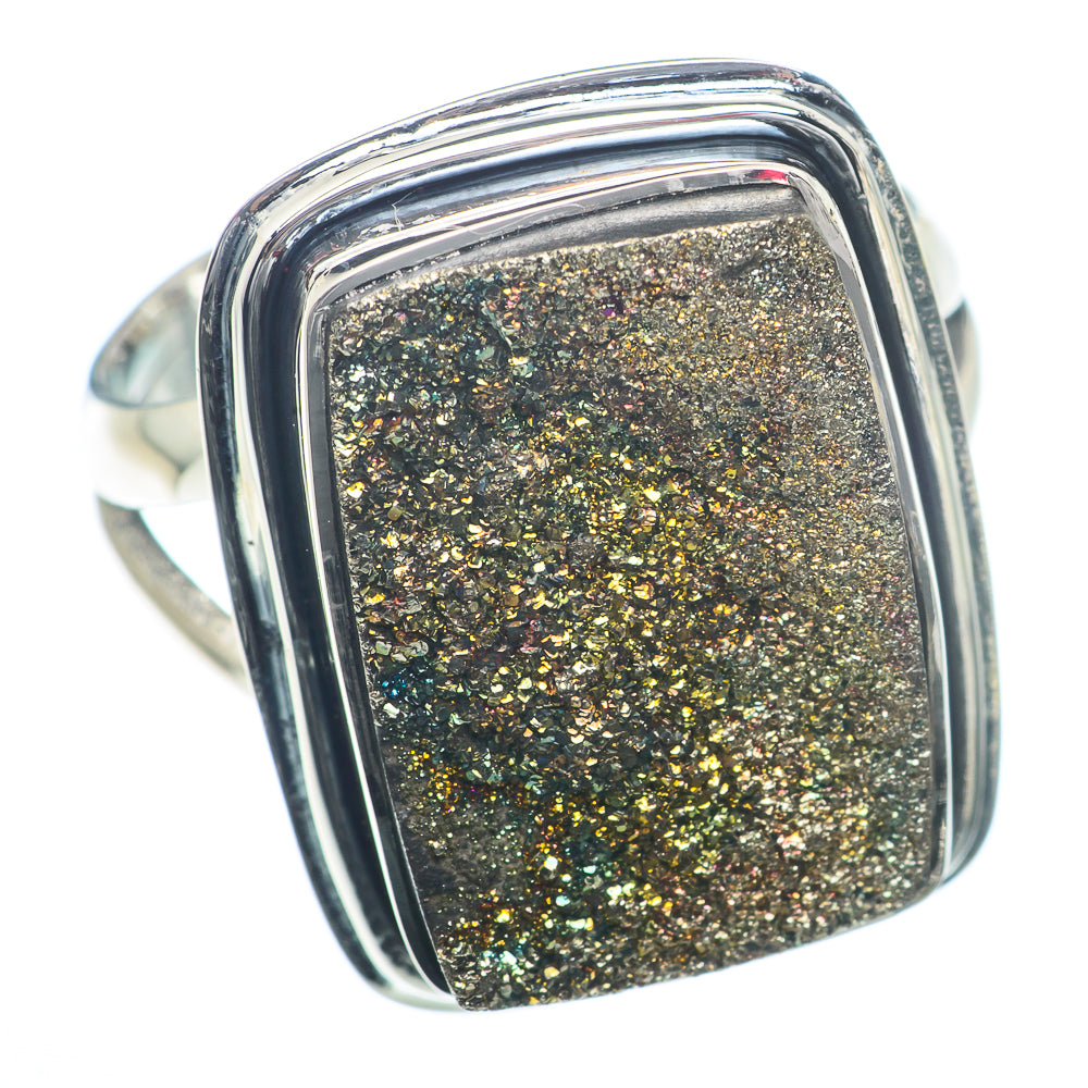 Sterling silver drusy pyrite ring with rectangular bezel, glittering gold-gray stone