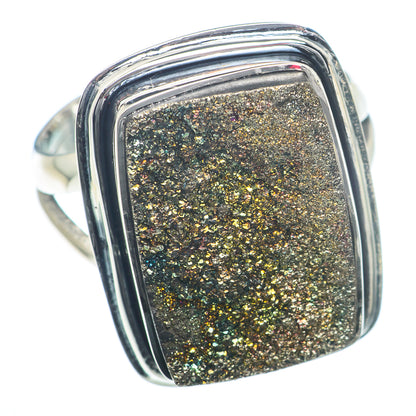 Sterling silver drusy pyrite ring with rectangular bezel, glittering gold-gray stone