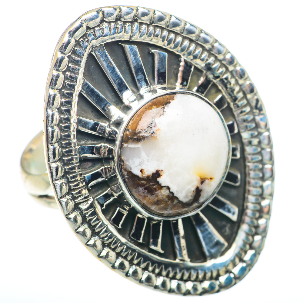 Sterling silver oval jasper ring with dark sunburst bezel detail and white stone