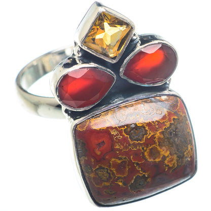 Sterling silver ring with square yellow stone, red side stones, and large red jasper rectangle