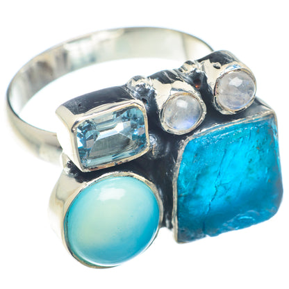 Blue Fluorite, Aqua Chalcedony, Blue Topaz, Rainbow Moonstone Rings handcrafted by Ana Silver Co - RING73523
