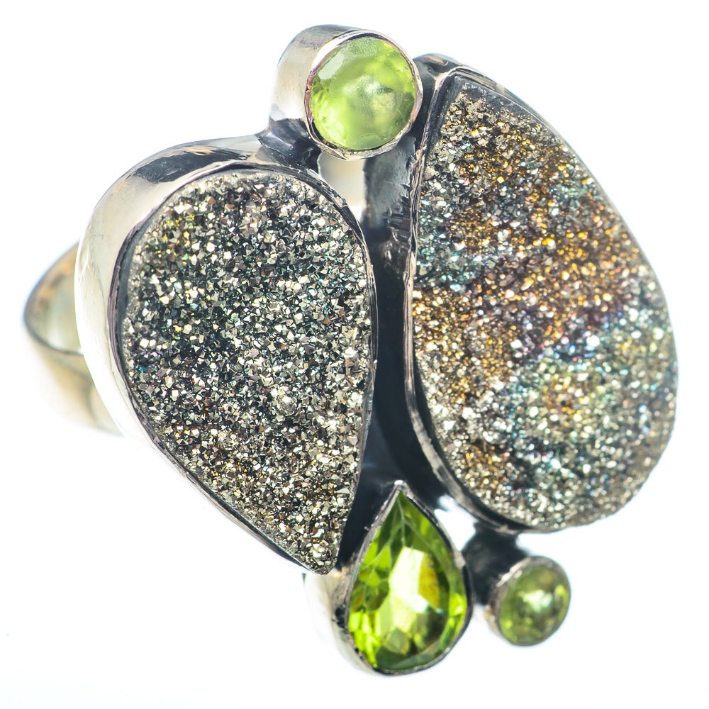 Sterling silver ring with large druzy pyrite panels and green peridot accent stones