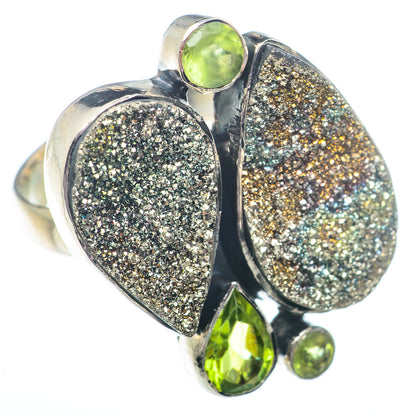 Sterling silver ring with large druzy pyrite panels and green peridot accent stones