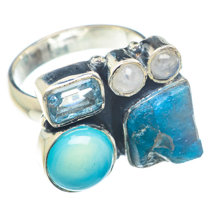 Sterling silver ring with aqua chalcedony, light blue topaz, and white round moonstone