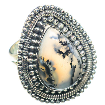 Oval dendritic opal ring, textured sterling-silver frame with raised bezel detail