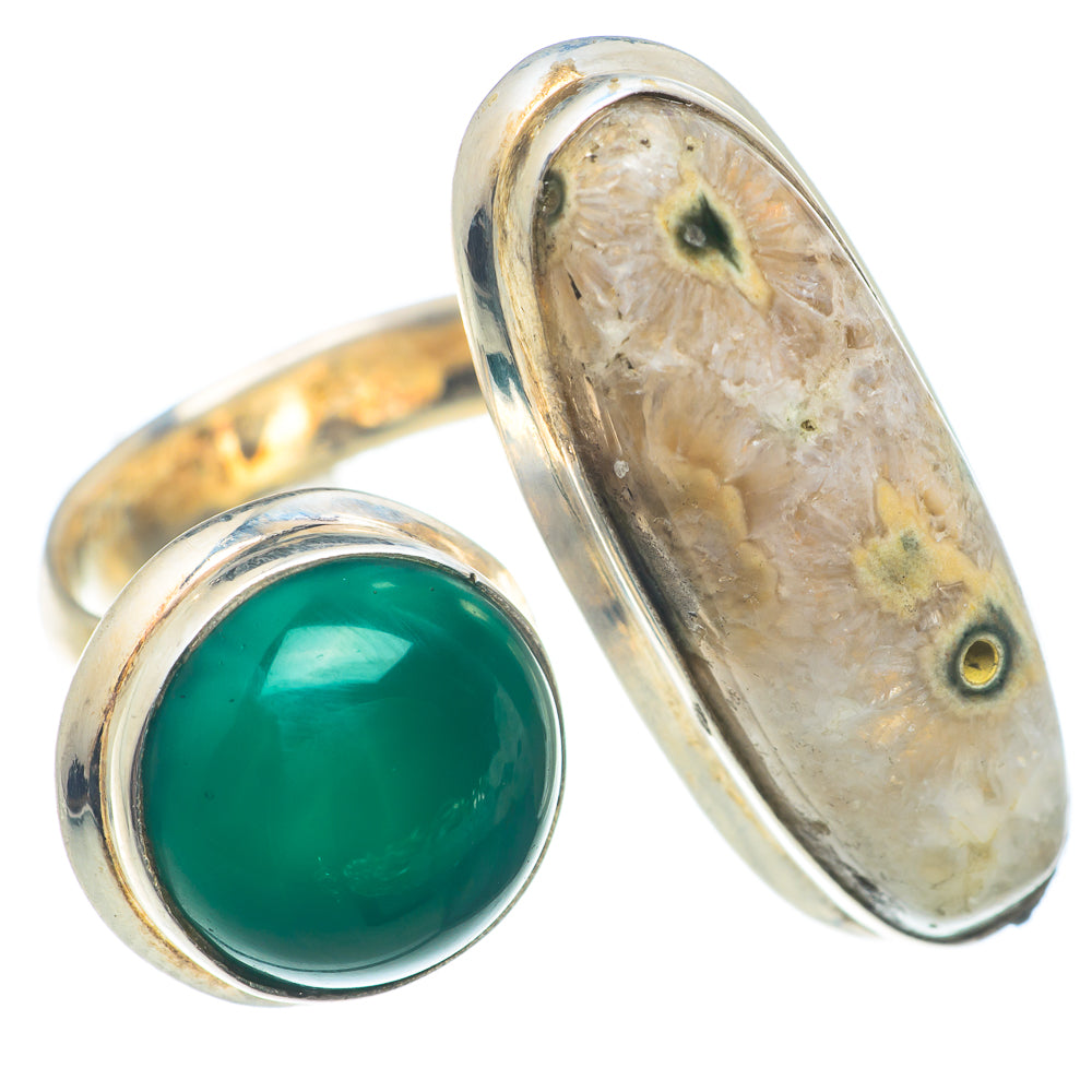 Silver gemstone rings with green oval cabochon faces, one upright and one tilted
