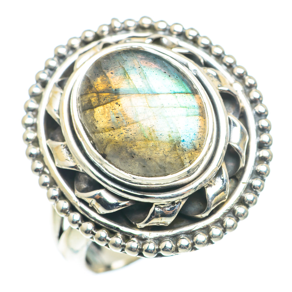 925 sterling silver ring with oval labradorite cabochon, beaded halo and split band