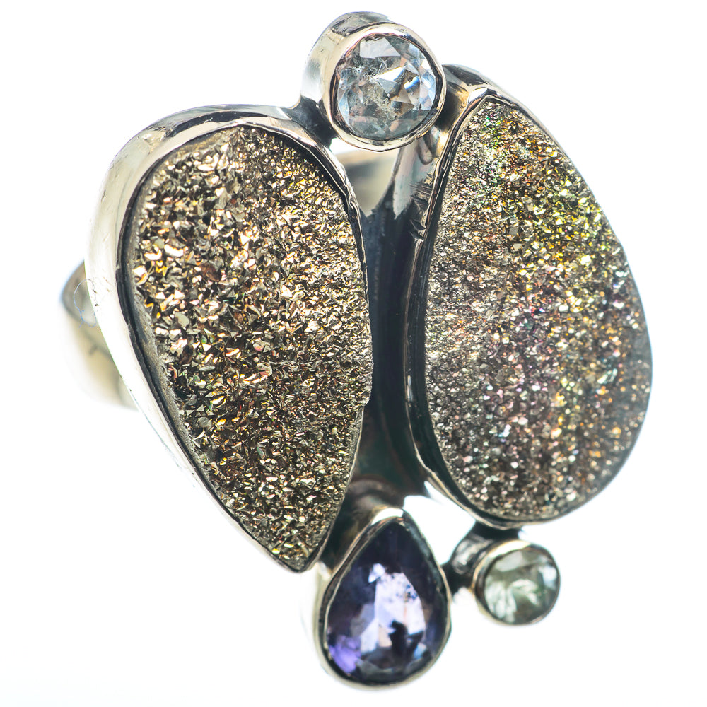 Sterling silver statement ring with gold druzy panels and blue gemstone accents