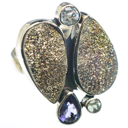 Sterling silver statement ring with gold druzy panels and blue gemstone accents