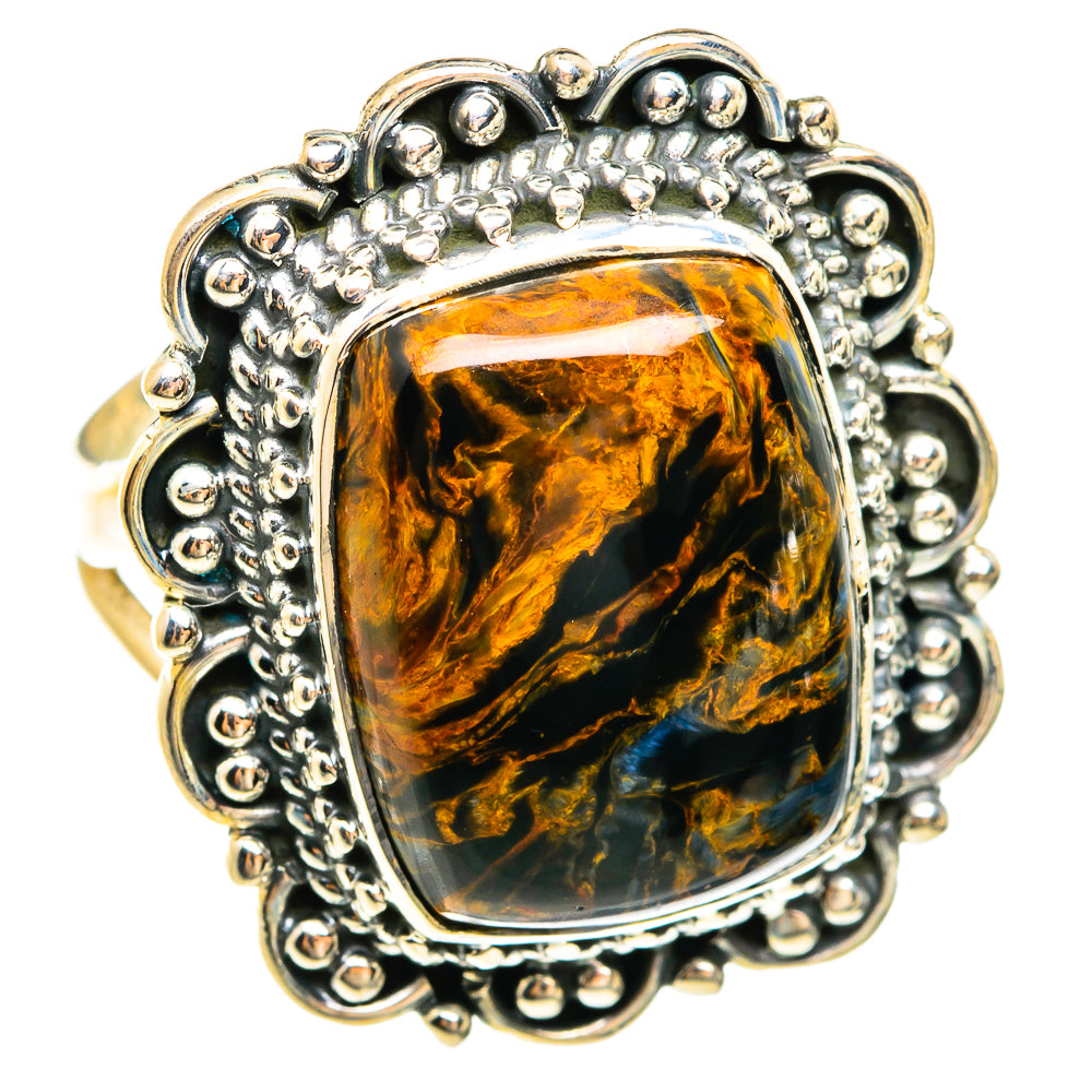 Pietersite ring with rectangular cabochon in gold and black, sterling silver scalloped bezel
