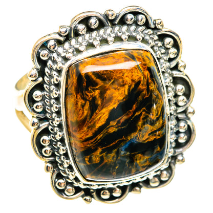 Pietersite ring with rectangular cabochon in gold and black, sterling silver scalloped bezel