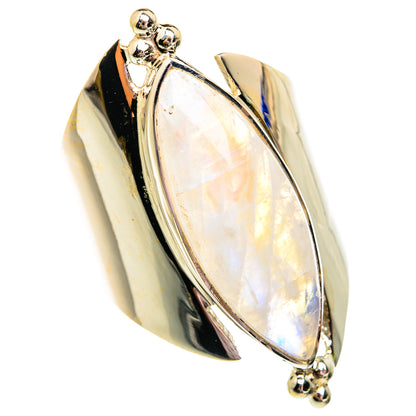 Sterling silver ring with large oval opalescent moonstone and rounded prong tips