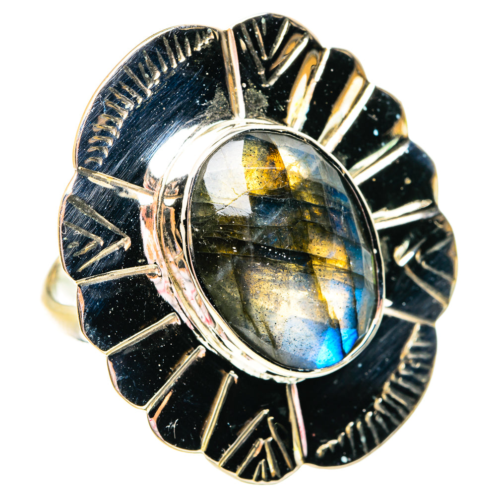 Labradorite sterling silver ring with oval blue-yellow iridescent cabochon