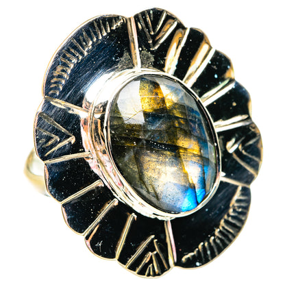 Labradorite sterling silver ring with oval blue-yellow iridescent cabochon