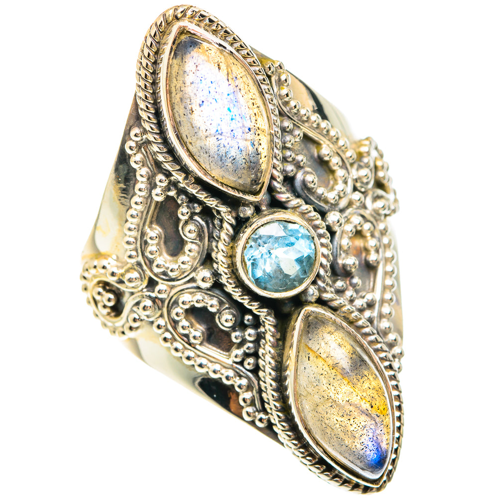 Sterling silver ring with large oval labradorite and round blue topaz, ornate setting