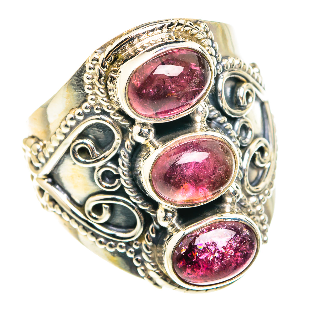 925 sterling silver pink tourmaline ring with three oval stones and filigree setting