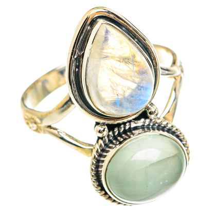 Sterling silver double-stone ring with oval rainbow moonstone and oval light green cabochon