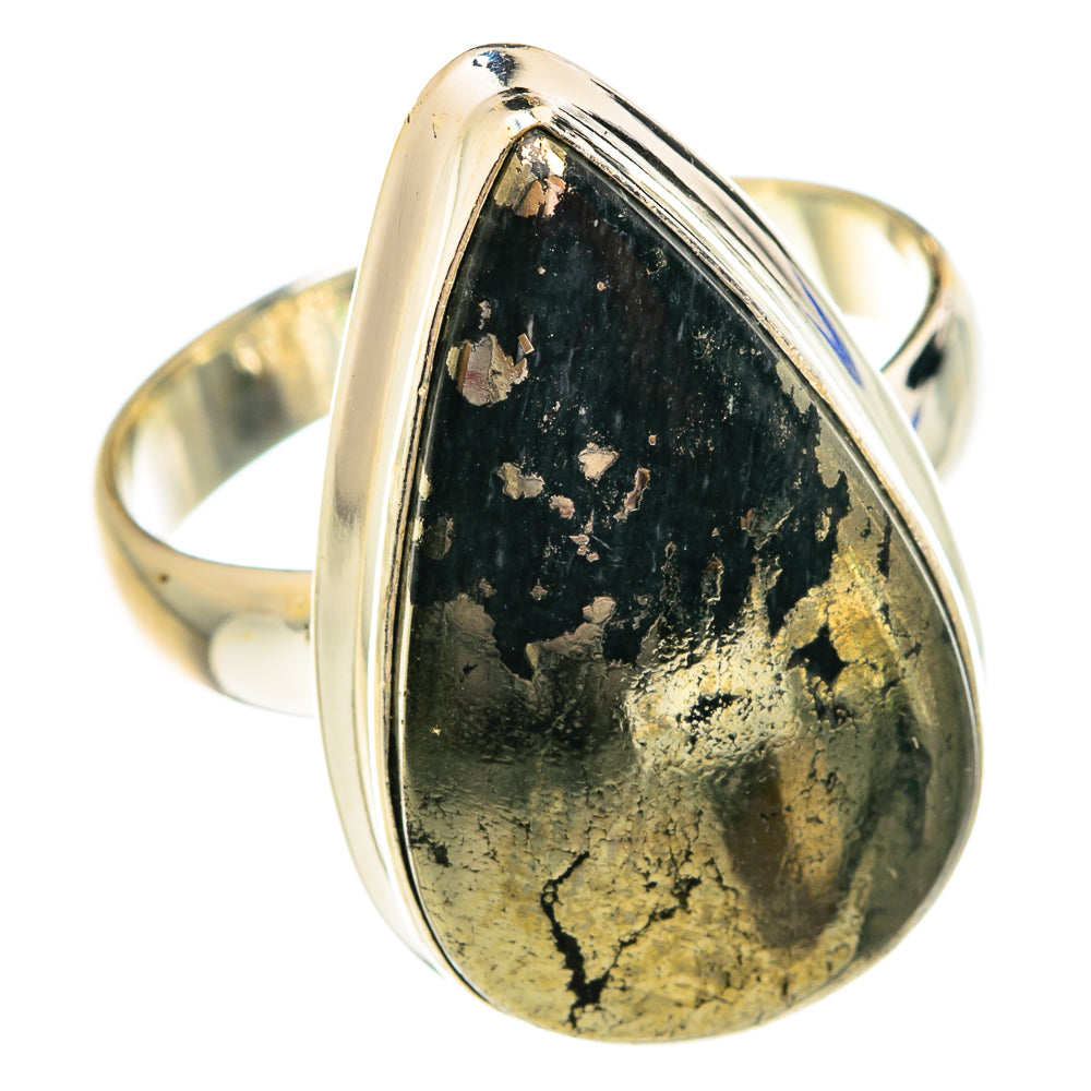 Sterling silver ring with teardrop dark stone and gold pyrite flecks, bezel set