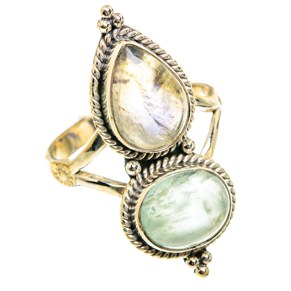 Sterling silver double-stone ring with large pearly moonstone and green oval stone