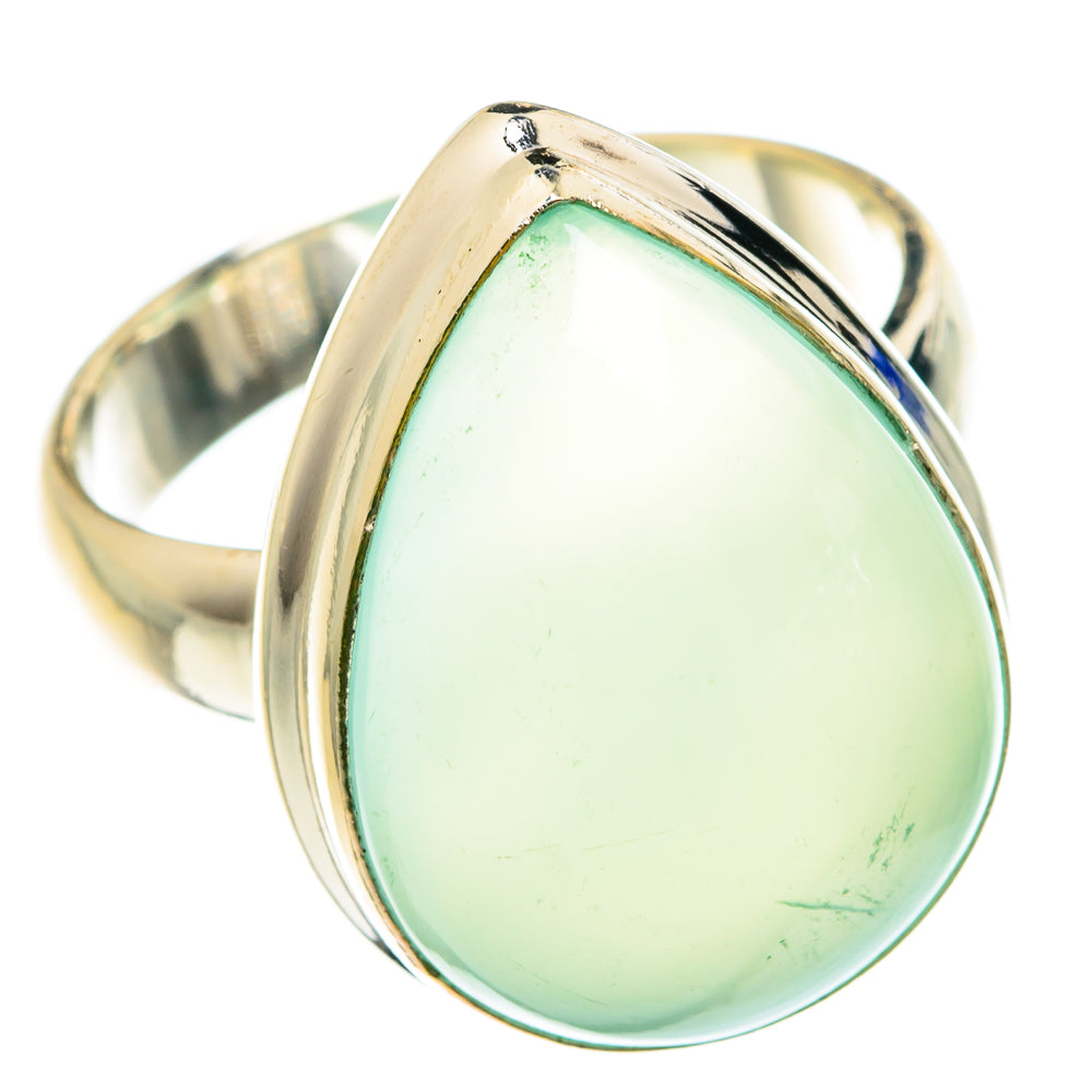 Aqua chalcedony cabochon ring with sterling silver band, pointed bezel and greenish stone