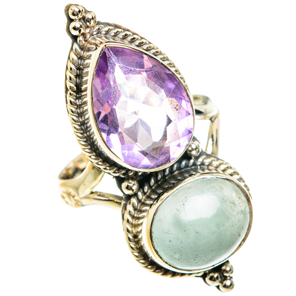 Sterling silver oval amethyst and aquamarine cabochon ring with rope-like bezels
