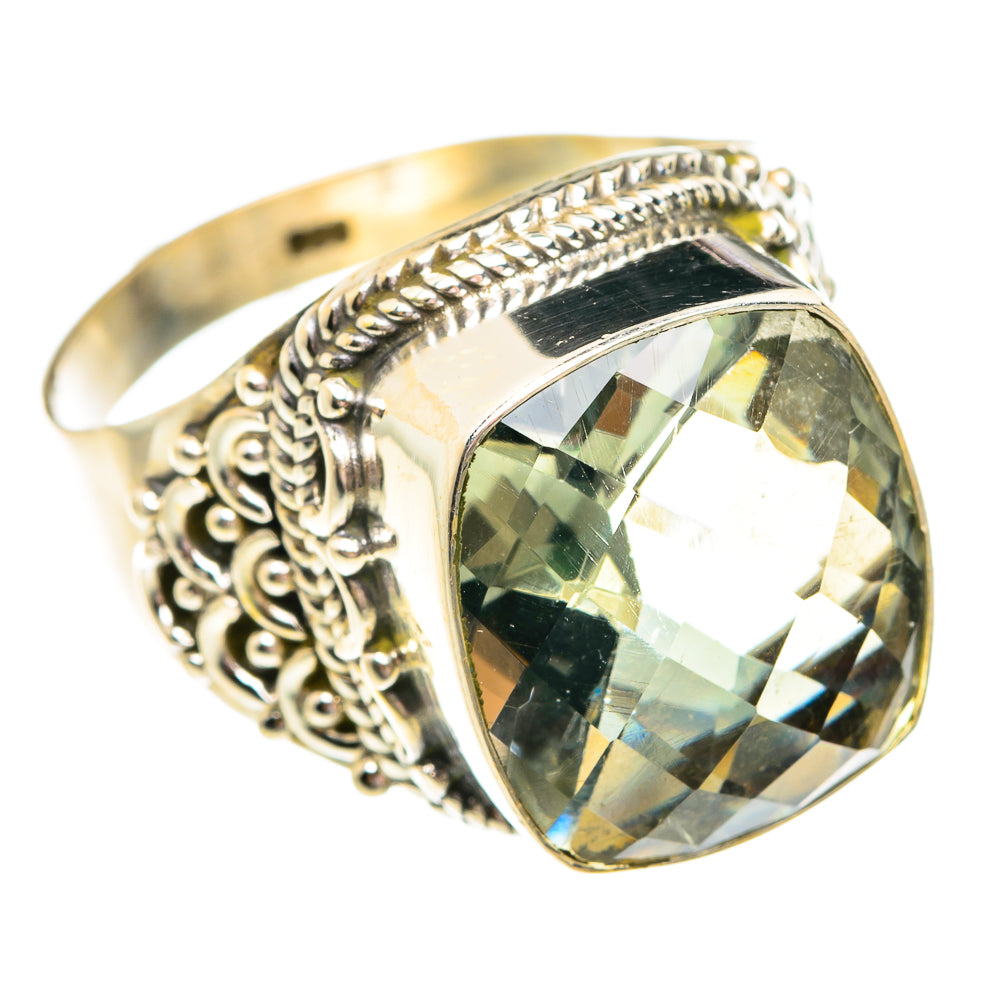 Large faceted green amethyst ring, 925 sterling silver scalloped band
