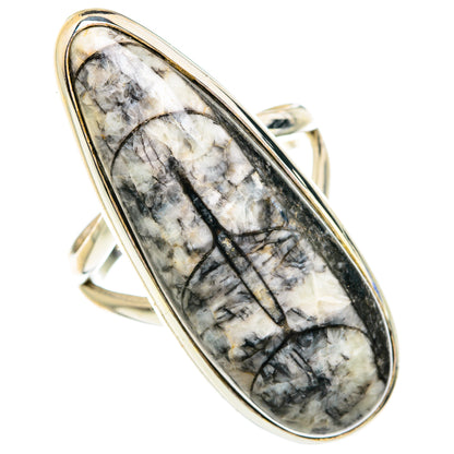 Sterling silver oval fossil ring with detailed gray stone in black bezel