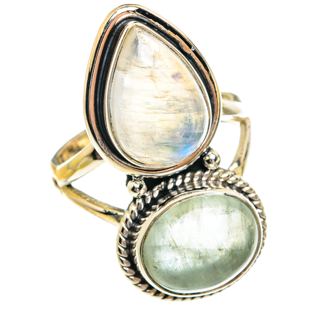 Sterling silver open-frame ring with oval iridescent moonstone and green oval cabochon