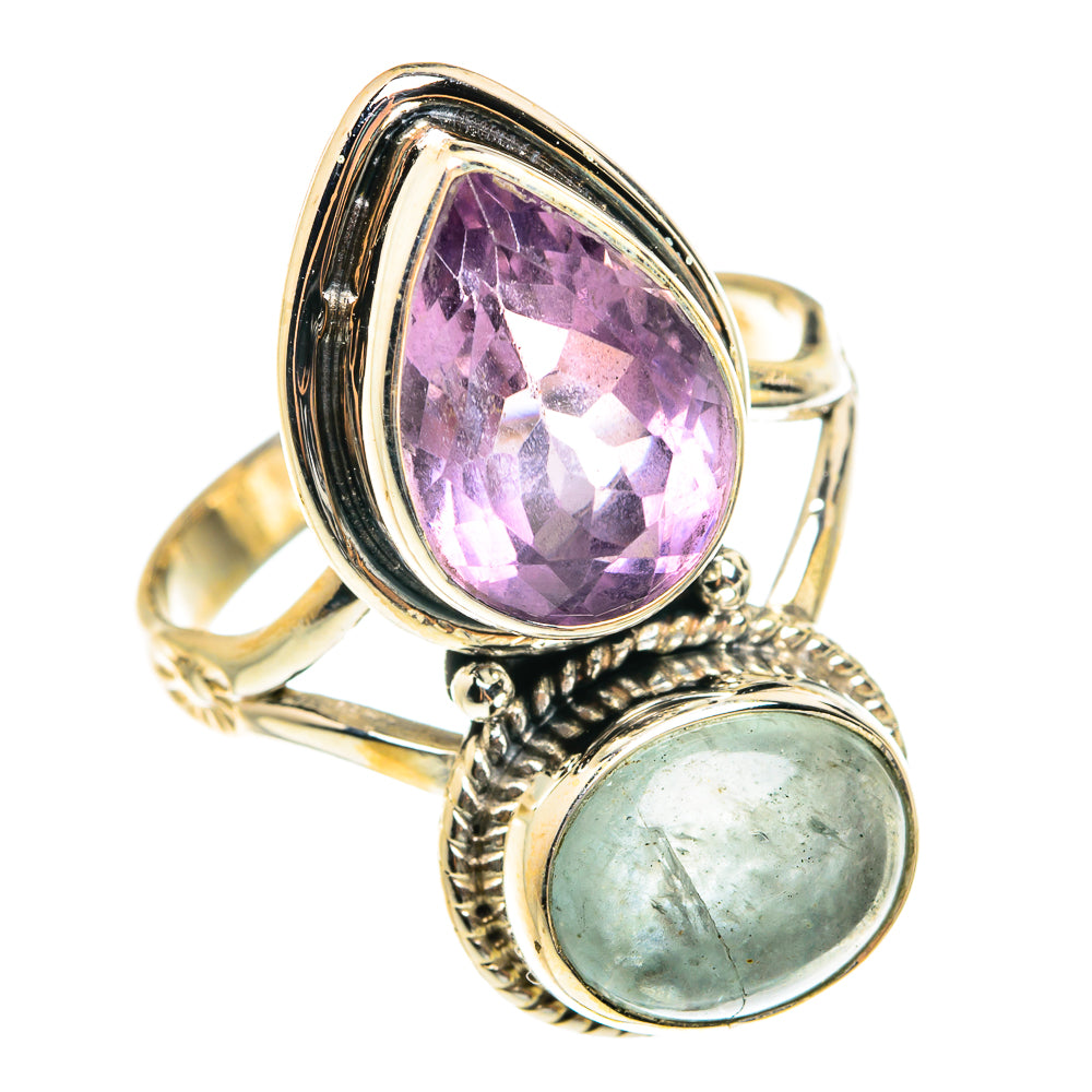 Oval amethyst and oval aquamarine cocktail ring with textured silver bezels